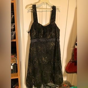 Ultimate Party Dress Black Satin under mesh overlay w/ gold metallic flowers.